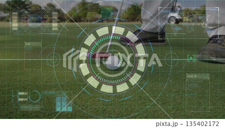Displaying white golf ball and silver putter head on putting green, with futuristic HUD overlays Displaying white golf ball and silver putter head on putting green, with futuristic HUD overlays 135402172