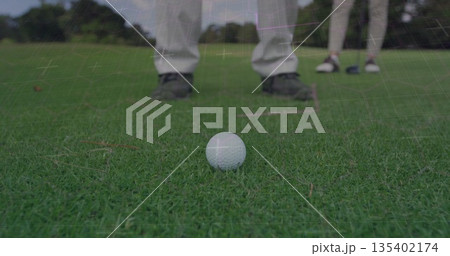 White golf ball sitting on plastic tee on fairway, with manicured grass and distant tree line 135402174