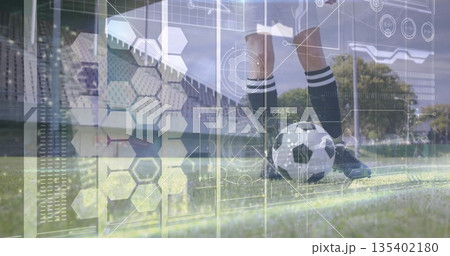Balancing female soccer player wearing kit, foot on soccer ball at sideline, hex overlay Balancing female soccer player wearing kit, foot on soccer ball at sideline, hex overlay 135402180