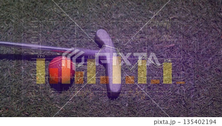 Silver club head striking red-striped golf ball on green turf, with analytics chart overlay Silver club head striking red-striped golf ball on green turf, with analytics chart overlay 135402194