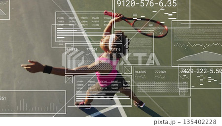 Serving female tennis player twisting on outdoor court, with tennis racket and data overlay 135402228