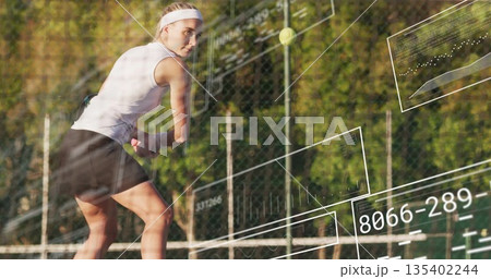 Swinging racket headband tennis player hitting ball over net on court, with overlays 135402244