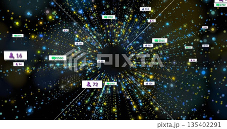 Converging data points and metric labels forming digital vortex in virtual space, streaming metrics Converging data points and metric labels forming digital vortex in virtual space, streaming metrics 135402291