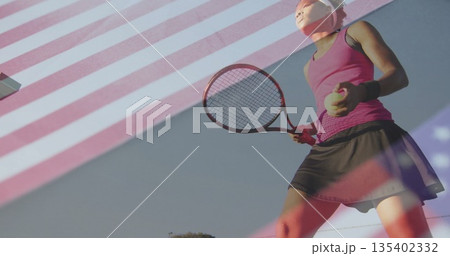 Tennis player in sportswear preparing to serve on court, with racket, ball and net, copy space Tennis player in sportswear preparing to serve on court, with racket, ball and net, copy space 135402332