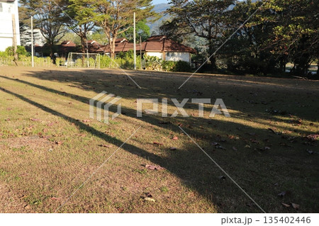 Dry football field at sunset with dead grass Dry football field at sunset with dead grass 135402446