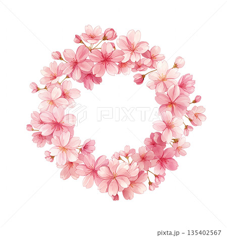 優しい春の花フレーム 丸型囲みイラスト 春の花背景 シンプルテンプレート 春らしい雰囲気 演出素材  135402567