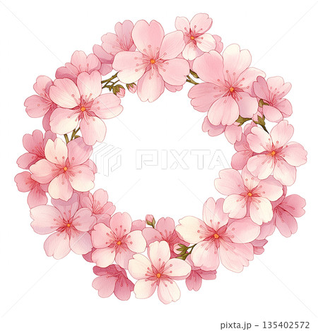 春らしい花々で彩る丸型フレーム素材 ナチュラル 背景イラスト シンプル装飾 花飾り デザインパーツ  135402572