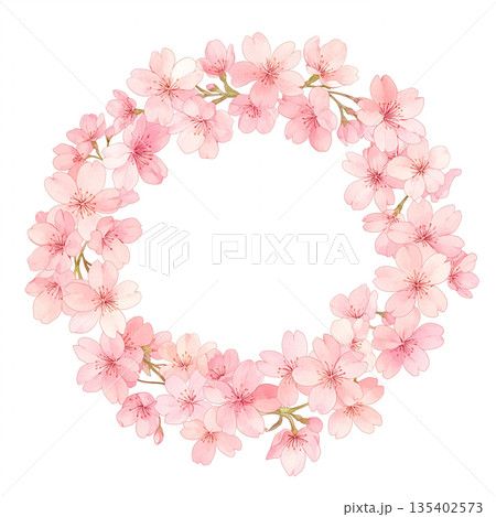 春の花輪背景フレーム素材 デザイン素材 丸囲み フラワーリース風 ナチュラルテイスト イベントチラシ 135402573