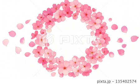 春の花輪背景フレーム素材 デザイン素材 丸囲み フラワーリース風 ナチュラルテイスト イベントチラシ 135402574