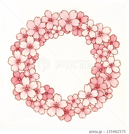 春の花輪背景フレーム素材 デザイン素材 丸囲み フラワーリース風 ナチュラルテイスト イベントチラシ 135402575