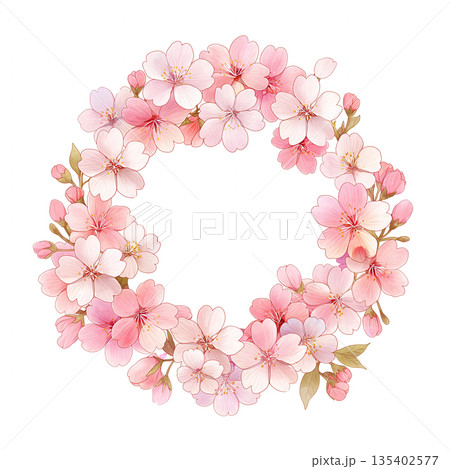 春の花輪背景フレーム素材 デザイン素材 丸囲み フラワーリース風 ナチュラルテイスト イベントチラシ 135402577