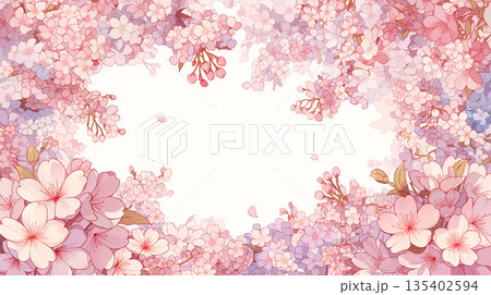 優しい春の花フレーム 丸型囲みイラスト 春の花背景 シンプルテンプレート 春らしい雰囲気 演出素材  135402594