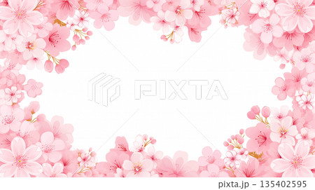 春のフラワー装飾フレーム 丸い囲み 花背景 白バックテンプレート ナチュラルスタイル イベント案内 135402595