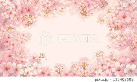 春のフラワー装飾フレーム 丸い囲み 花背景 白バックテンプレート ナチュラルスタイル イベント案内 135402598