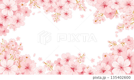 優しい春の花フレーム 丸型囲みイラスト 春の花背景 シンプルテンプレート 春らしい雰囲気 演出素材  135402600