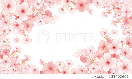 優しい春の花フレーム 丸型囲みイラスト 春の花背景 シンプルテンプレート 春らしい雰囲気 演出素材  135402601