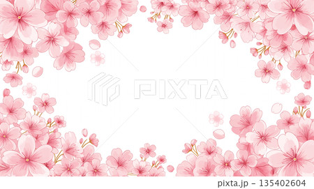 春の花フレームイラストセット 余白スペースあり 装飾素材 背景テンプレート 上品 優美 柔らかい 135402604