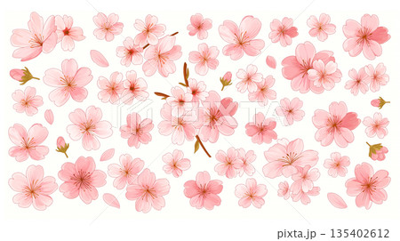 春の花々が彩るフレーム素材 花輪 背景 白バック シンプル ナチュラル イラスト デザイン素材 135402612