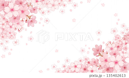 春の花々が彩るフレーム素材 花輪 背景 白バック シンプル ナチュラル イラスト デザイン素材 135402613