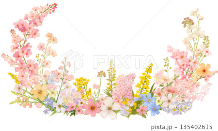 春の花々が彩るフレーム素材 花輪 背景 白バック シンプル ナチュラル イラスト デザイン素材 135402615