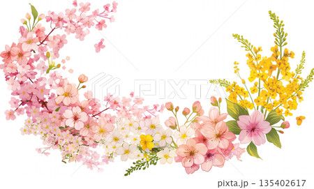 春の花々が彩るフレーム素材 花輪 背景 白バック シンプル ナチュラル イラスト デザイン素材 135402617