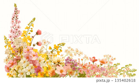 春の花々が彩るフレーム素材 花輪 背景 白バック シンプル ナチュラル イラスト デザイン素材 135402618
