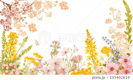 春の花々が彩るフレーム素材 花輪 背景 白バック シンプル ナチュラル イラスト デザイン素材 135402619