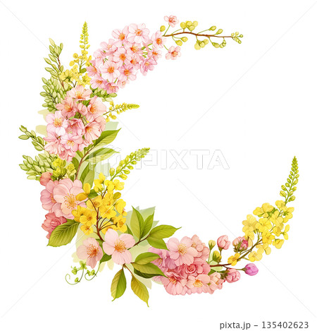 春らしい花々で彩る丸型フレーム素材 ナチュラル 背景イラスト シンプル装飾 花飾り デザインパーツ  135402623