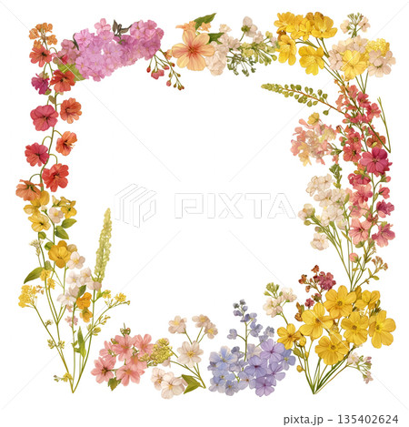 春らしい花々で彩る丸型フレーム素材 ナチュラル 背景イラスト シンプル装飾 花飾り デザインパーツ  135402624