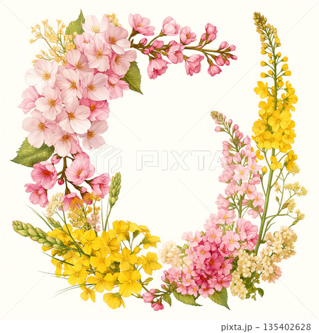 春らしい花々で彩る丸型フレーム素材 ナチュラル 背景イラスト シンプル装飾 花飾り デザインパーツ  135402628