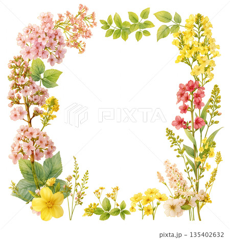 春の花をあしらったリース風デザイン素材 フレーム 背景 春の季節感 自然 ナチュラル 雰囲気優しい  135402632