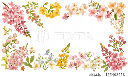 春の花をあしらったリース風デザイン素材 フレーム 背景 春の季節感 自然 ナチュラル 雰囲気優しい  135402638