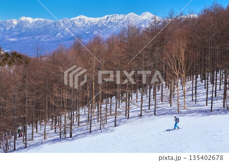 冬の長野県富士見町の入笠山の中腹から北東側の雪原斜面と八ヶ岳連峰方面を見る 冬の長野県富士見町の入笠山の中腹から北東側の雪原斜面と八ヶ岳連峰方面を見る 135402678