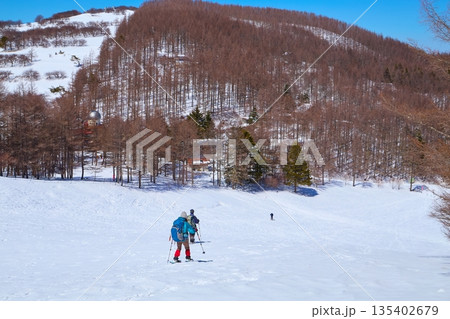 冬の長野県富士見町の入笠山の中腹から北側の雪原斜面を見る 135402679