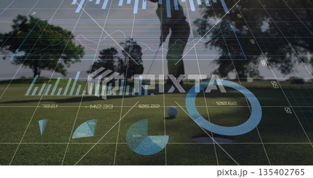 Standing man wearing polo positioning putter behind ball at cup on putting green, with data overlay Standing man wearing polo positioning putter behind ball at cup on putting green, with data overlay 135402765
