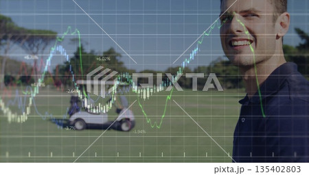 Standing man wearing polo shirt scanning golf fairway, with golf cart and graph overlay, copy space Standing man wearing polo shirt scanning golf fairway, with golf cart and graph overlay, copy space 135402803