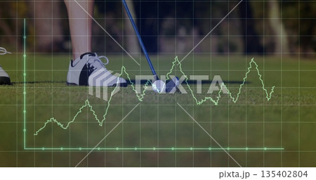 Showing golfer's legs and putter head aligning behind golf ball on putting green, with data overlay Showing golfer's legs and putter head aligning behind golf ball on putting green, with data overlay 135402804