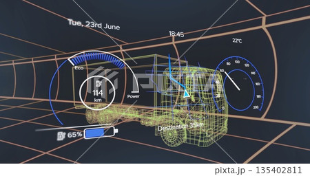 Displaying 3D wireframe truck model navigating grid-line tunnel, with Eco gauge and battery icon 135402811