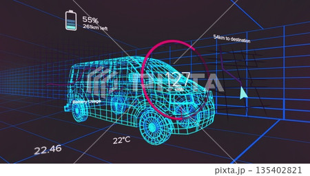 Displaying wireframe van model speeding through digital grid, with gauge battery navigation arrow 135402821