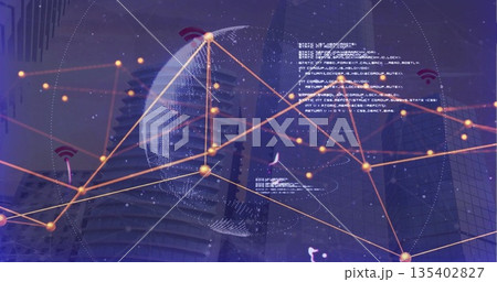 Wireframe globe pulsing with network nodes in urban skyline, with code text blocks and wifi icons Wireframe globe pulsing with network nodes in urban skyline, with code text blocks and wifi icons 135402827