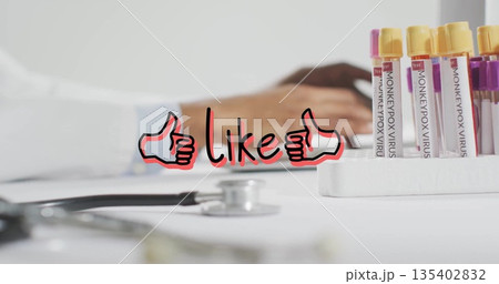 Displaying rack of MONKEYPOX VIRUS test tubes on bench, with stethoscope, like graphic, copy space 135402832