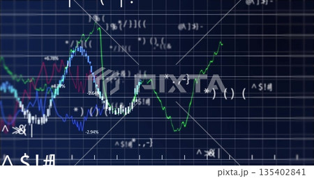 Displaying multi-line chart shifting on digital display, with colored candlesticks and symbols Displaying multi-line chart shifting on digital display, with colored candlesticks and symbols 135402841