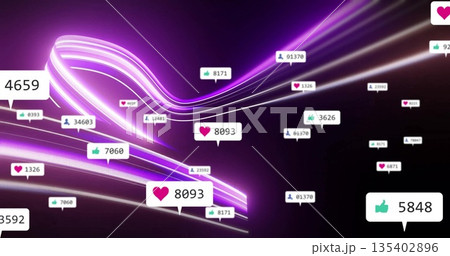 Purple and pink neon waves streaming in dark interface, with thumbs-up, hearts, user silhouettes Purple and pink neon waves streaming in dark interface, with thumbs-up, hearts, user silhouettes 135402896