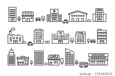 かわいい建物のモノトーンアイコンセット｜ビル・店舗・施設 　線画ベクター素材 135403012