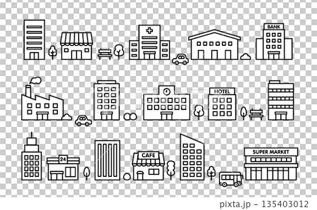 かわいい建物のモノトーンアイコンセット｜ビル・店舗・施設 　線画ベクター素材 135403012
