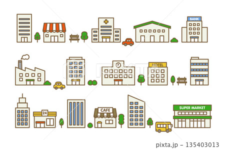 かわいい建物のアイコンセット｜ビル・店舗・施設 ベクター素材 135403013