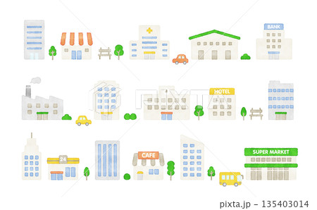 水彩風　かわいい建物のアイコンセット｜ビル・店舗・施設 ベクター素材 135403014