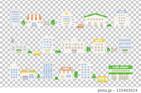 水彩風　かわいい建物のアイコンセット｜ビル・店舗・施設 ベクター素材 135403014