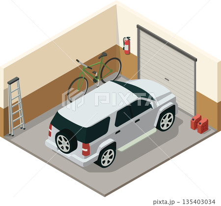 Home garage with family car and bike Home garage with family car and bike 135403034