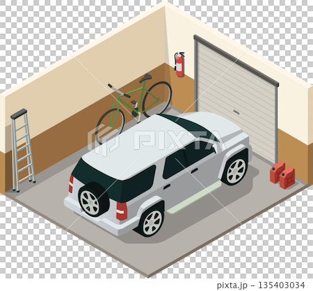 Home garage with family car and bike Home garage with family car and bike 135403034